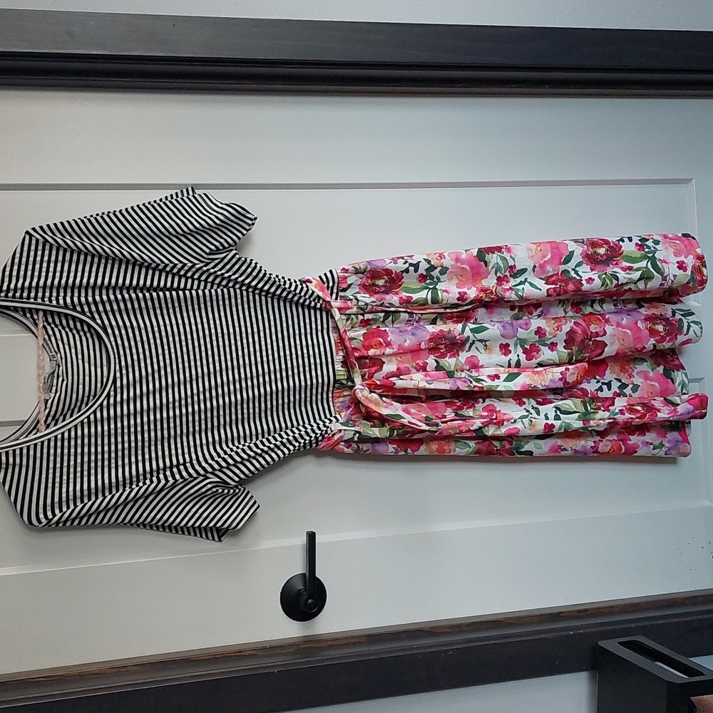 Michelle Mae Black & White Striped Top with Pink Floral Skirt
